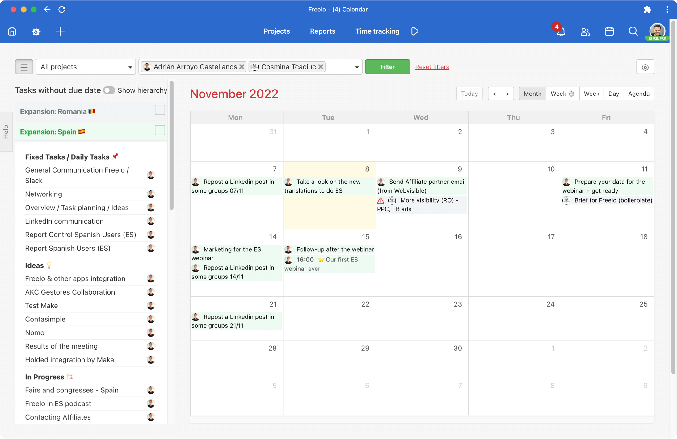 Calendar feature inside of the Freelo application