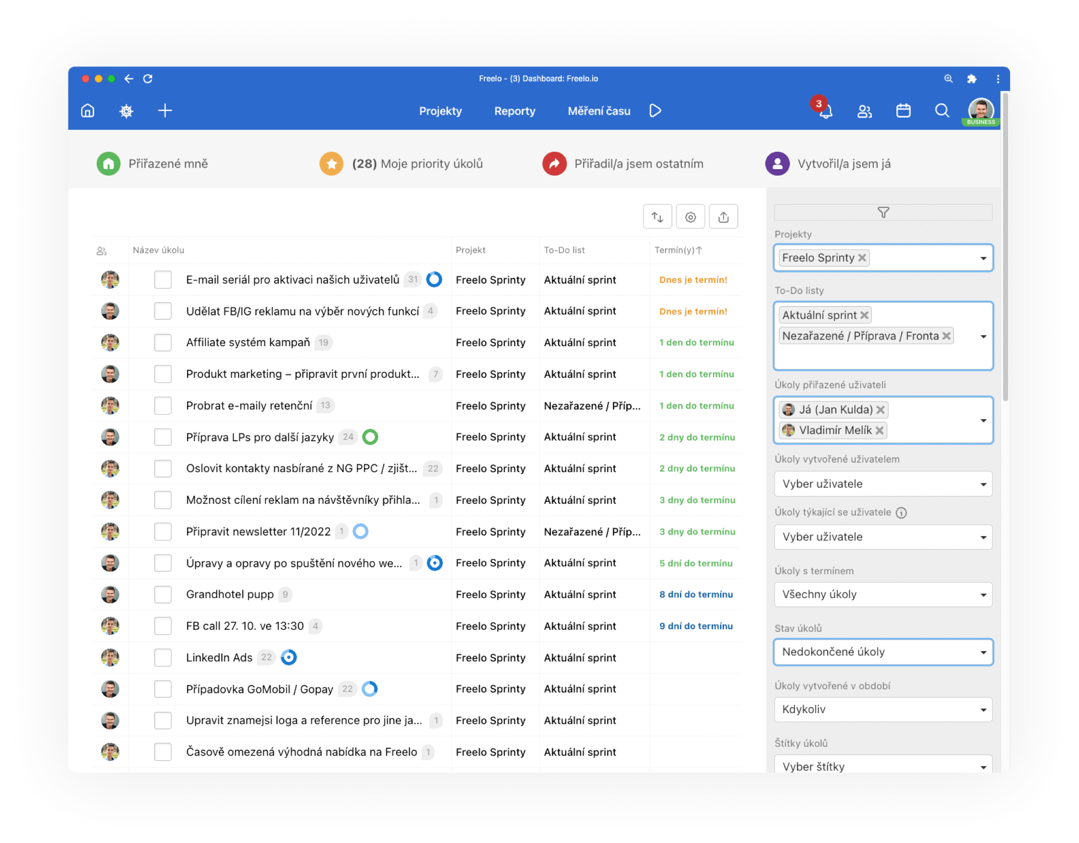 Dashboard feature inside of the Freelo application
