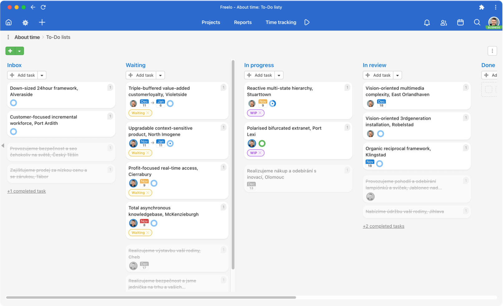 Kanban view over To-Do lists inside of Freelo application